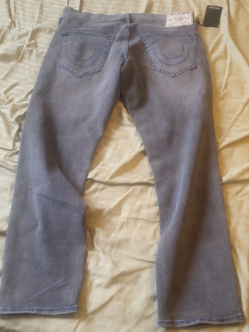 True Religion Washed Gray Denim Jeans with Signature Back Pocket